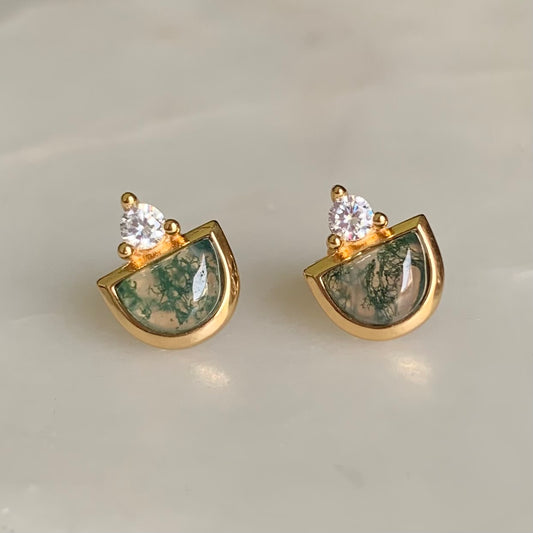 Silvia Moss Agate Stud Earrings | 14K Yellow Gold