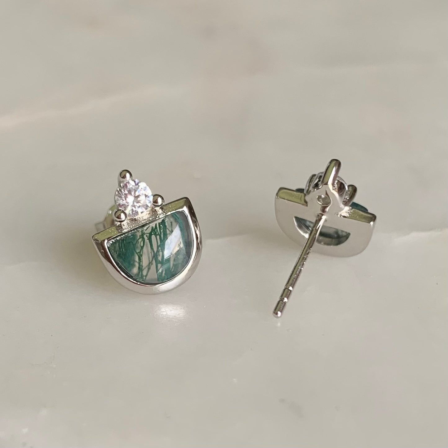 Silvia Moss Agate Stud Earrings | Rhodium Plated