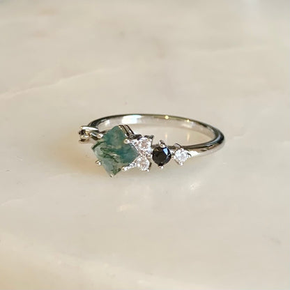 Ivy Moss Agate Ring | Rhodium Plated