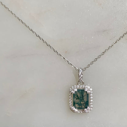 Rina Moss Agate Necklace | Rhodium Plated