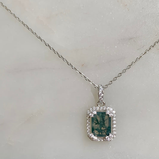 Rina Moss Agate Necklace | Rhodium Plated