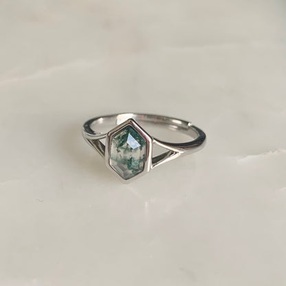 Zen Moss Agate Ring | Rhodium Plated