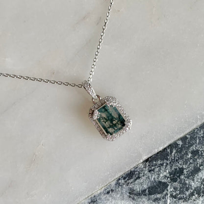 Rina Moss Agate Necklace | Rhodium Plated