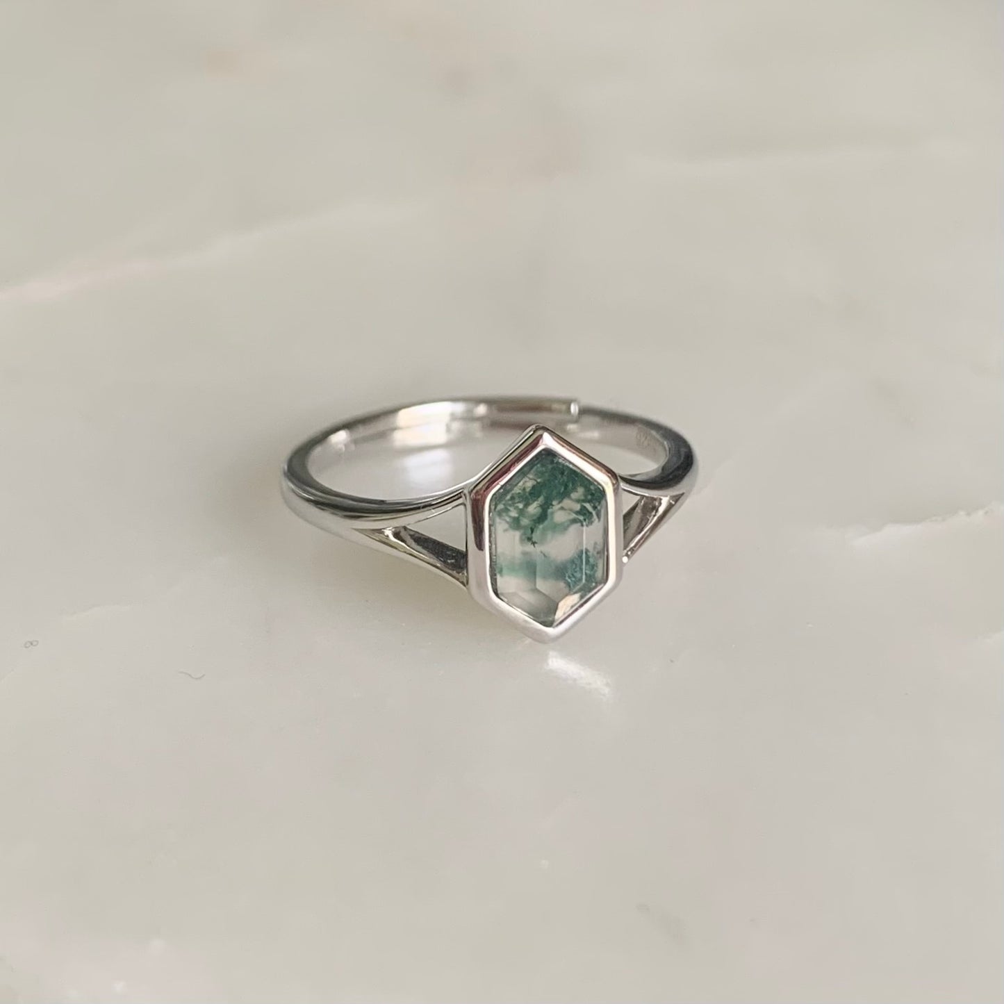 Zen Moss Agate Ring | Rhodium Plated