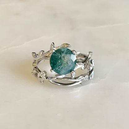 Olivia Moss Agate Ring Set | Rhodium Plated