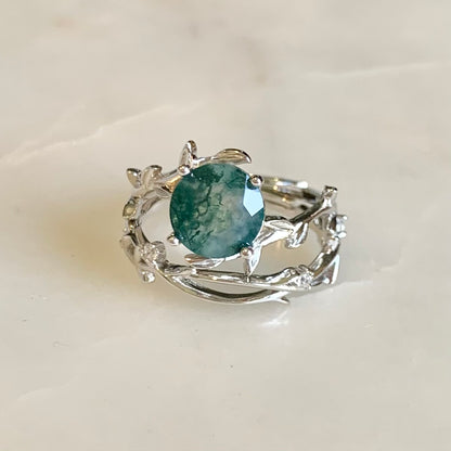 Olivia Moss Agate Ring Set | Rhodium Plated