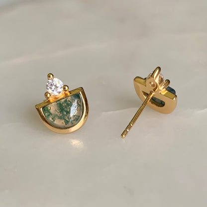 Silvia Moss Agate Stud Earrings | 14K Yellow Gold