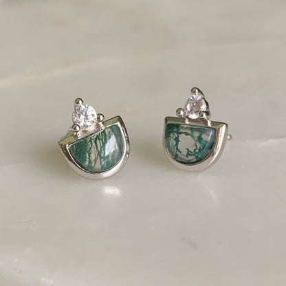 Silvia Moss Agate Stud Earrings | Rhodium Plated