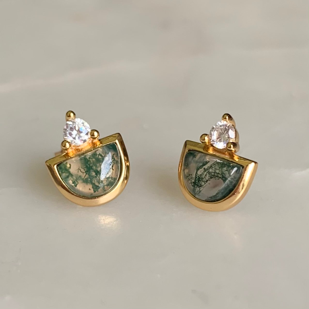 Silvia Moss Agate Stud Earrings | 14K Yellow Gold