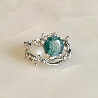 Olivia Moss Agate Ring Set | Rhodium Plated