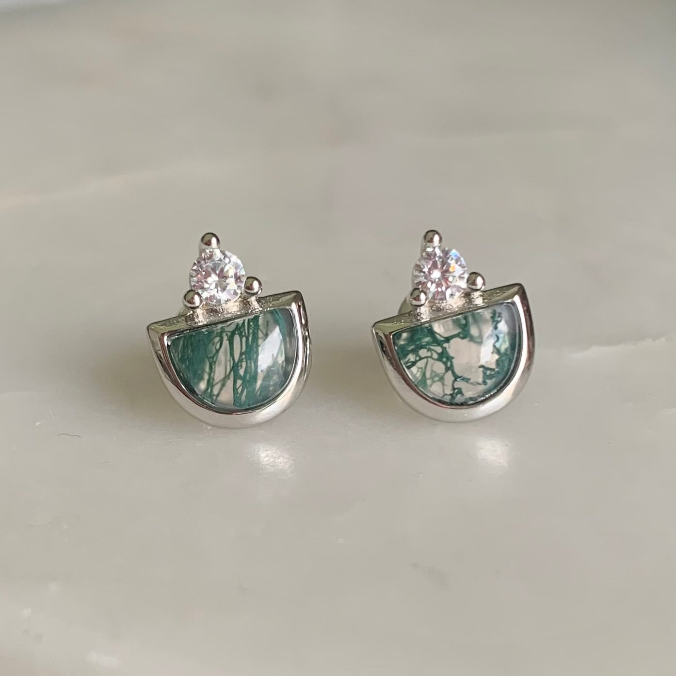 Silvia Moss Agate Stud Earrings | Rhodium Plated